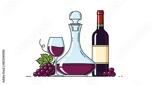 Red wine bottle with glass decanter and grapes vector illustration