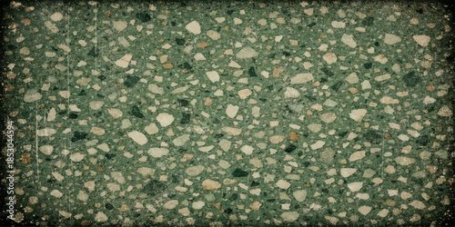 Abstract background of textured green and black squares featuring a natural stone marble pattern with a white granite surface and old leaf material