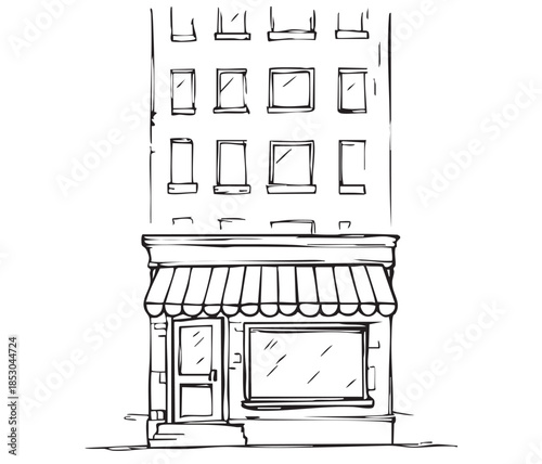 sketch Minimalist black and white of small shop facade in building