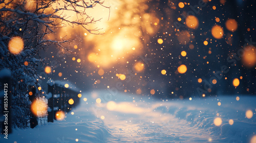 Beautiful and sparkling scenery with falling snow
