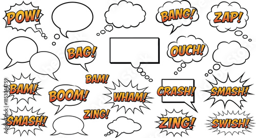 Set of hand-drawn comic speech bubbles and sound effects vector doodle elements for graphic design isolated on white background