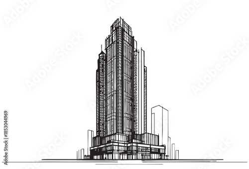 High rise building sketch. Line art