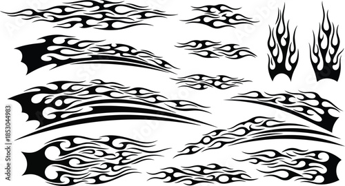 Vehicle stripes. Racing cars stylized flame and geometrical shapes decal badges or stickers for motor club recent vector 