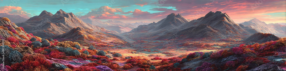 Fototapeta premium Surreal Alien Planet Landscape with Colorful Flora and Strange Rock Formations