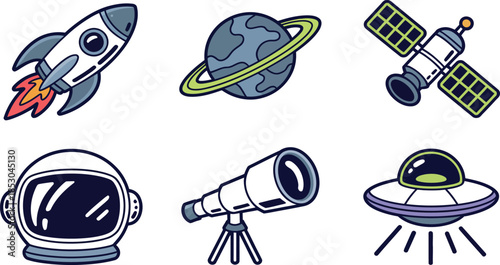 Cartoon Space Icons Set in Flat Vector Style With Bold Outlines and Minimal Shading