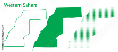 Western Sahara Map Vector Set, North Africa Outline Silhouette Dotted Green Shapes, Western Sahara Country Infographic Template, Editable EPS Western Sahara Geography