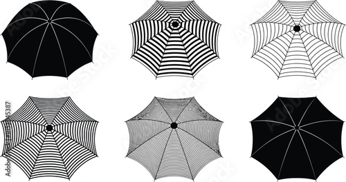 Minimalist Top-Down Umbrella Icon Set With Black, Gray, and White Patterns in Vector Style
