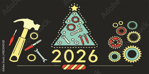 Creative Christmas tree formed from construction tools, 3D render for 2026 New Year greeting card, symbolic and festive vector art.