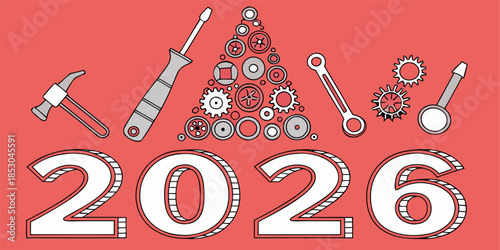 Unique 2026 New Year greeting featuring a Christmas tree made from construction tools, 3D rendered, symbolic holiday vector design.