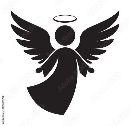 Black Angel Silhouette with Halo on White Background