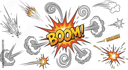 Comic boom cartoon effect line element set. Comic speech bubble pow, boom text, explosive splash smoke, wow cartoon vector icon. Hand drawn sketch doodle explosive element.