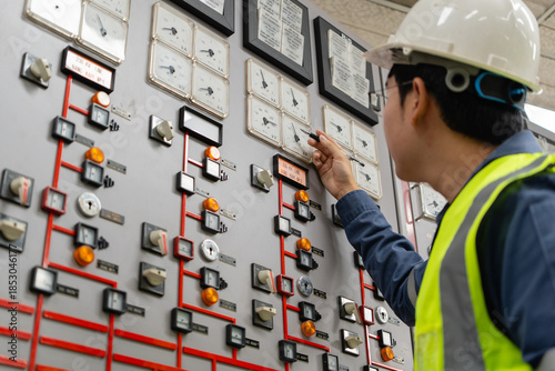 Electrical engineer evaluating meter readings on control panel inside power facility, verifying voltage and current values to support operational decisions, system reliability, and secure electricity 