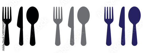 Colorful silhouette cutlery set: fork, knife, and spoon icons in various shades