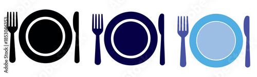 Simple vector icons of dinnerware settings in black, dark blue, and light blue colors