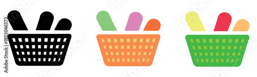 Three distinct icon styles showcasing a basket filled with fresh baguettes or breadsticks