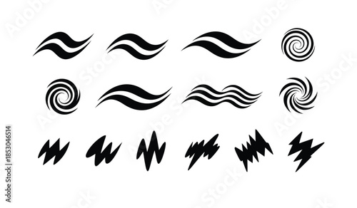Collection of abstract wave and lightning bolt graphic design elements