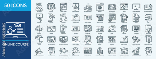 Editable 50 online course icons for web and mobile. Set of online course included icons line schedule, website, curriculum, webinar and more.