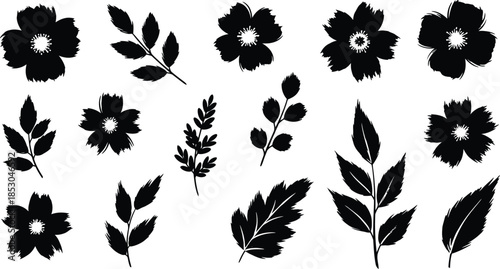 Flower brush hand drawn vector set. Hand drawn doodle flower, floral leaf elements in brush stroke ink style. Simple abstract botanical silhouette set for nature black paint art.