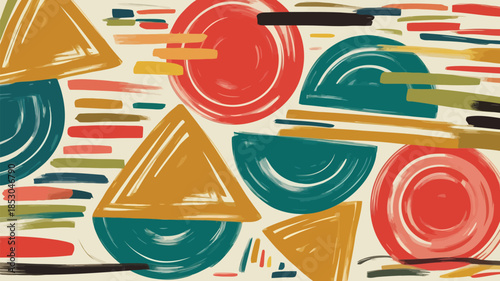 Vibrant composition of multiple geometric shapes in red, teal, and yellow hues on cream background with dynamic brushstrokes