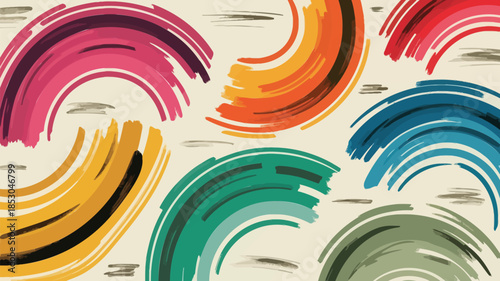 Vibrant gradient arcs in colorful brushstroke style on cream background for design and artistic projects