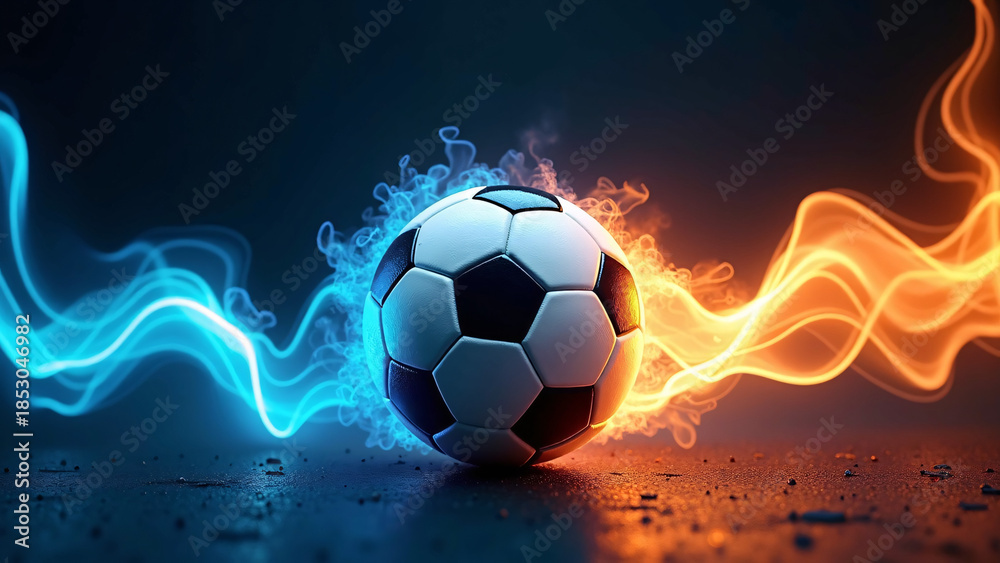 Naklejka premium A soccer ball pulses with blue and orange energy waves—evoking intensity, motion, and the thrill of rivalry. 