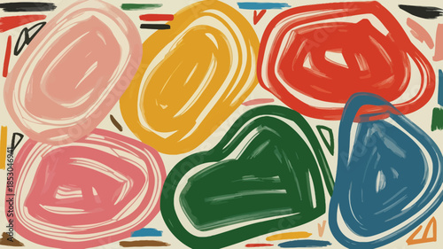 Vibrant abstract composition with overlapping irregular organic shapes in pink, yellow, red, green, and blue hues on a white background