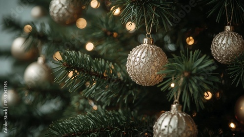 Festive Pine Branch Detail With Christmas Decorations And Soft Golden Lights