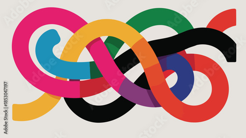 Vibrant colorful curved lines in bright magenta cyan yellow green black red blue purple hues forming abstract interconnected loops on light