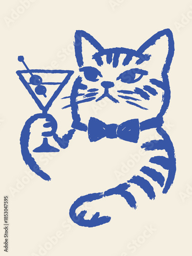 Cat Holding Cocktail Doodle Outline Icon Vector Illustration
