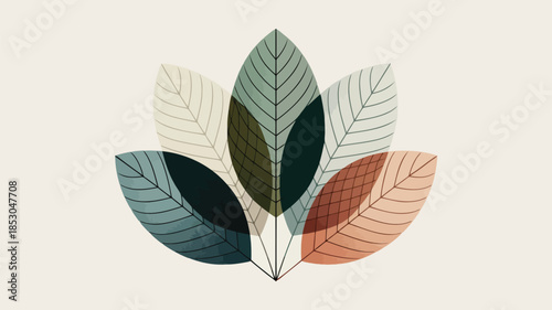 A minimalist botanical graphic with colorful overlapping leaves on a neutral beige background