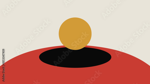 A minimalist graphic featuring a large mustard yellow circle atop a red half circle with a black oval cutout on a beige background
