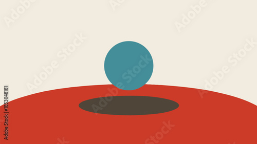 A minimalist graphic featuring a large blue circle on a red half circle with a dark brown hole