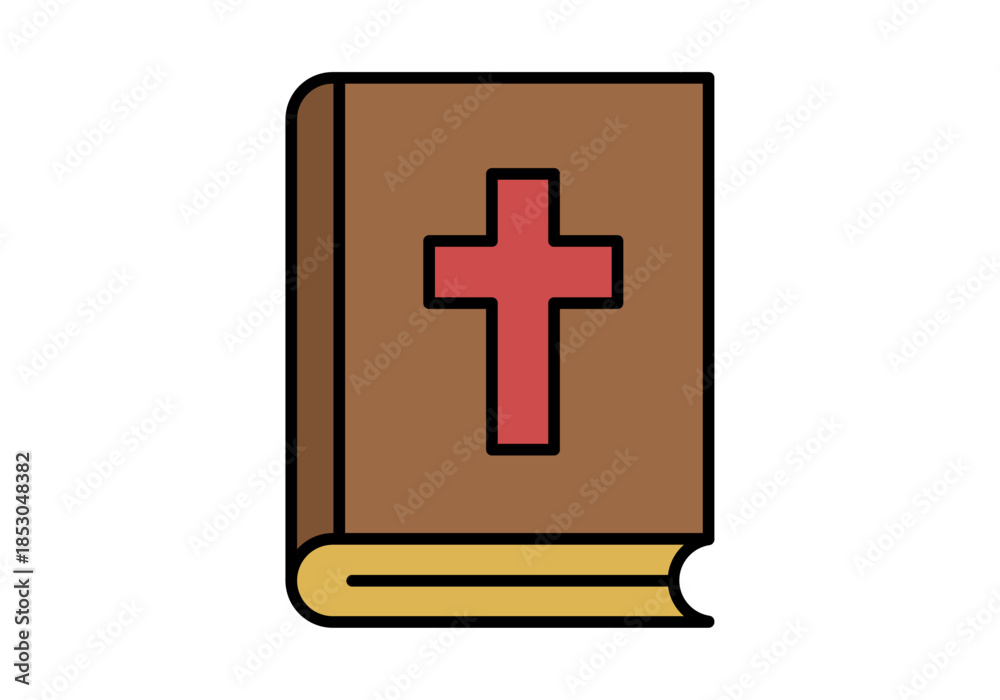 Fototapeta premium Libro sagrado de la biblia con tapa marrón y una cruz roja en la portada sobre fondo blanco