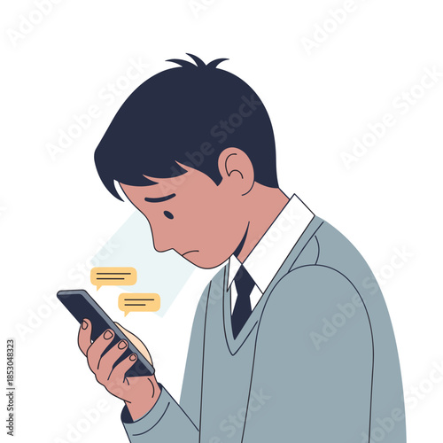 Young man looking sad while reading messages on smartphone, concept of Bullying & Social Exclusion  