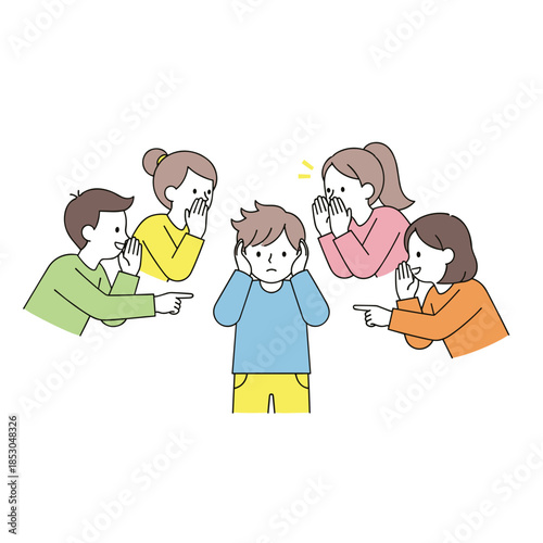 Group of children whispering while a boy covers his ears in distress, Concept of Bullying & Social Exclusion  