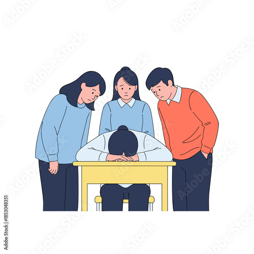 Group of students observing a classmate feeling sad at a desk - Concept of Bullying & Social Exclusion  