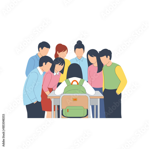 Group of students surrounding classmate with head down at desk - Concept of Bullying & Social Exclusion  