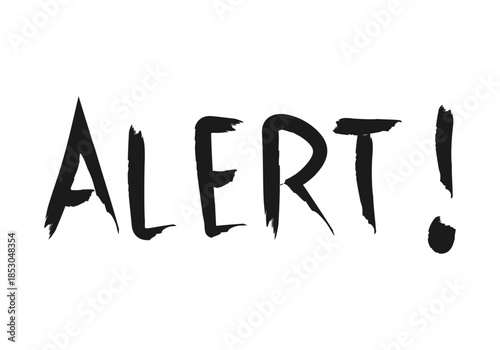 Palabra alert escrita a mano con trazos de pincel negro y un signo de exclamación sobre fondo blanco