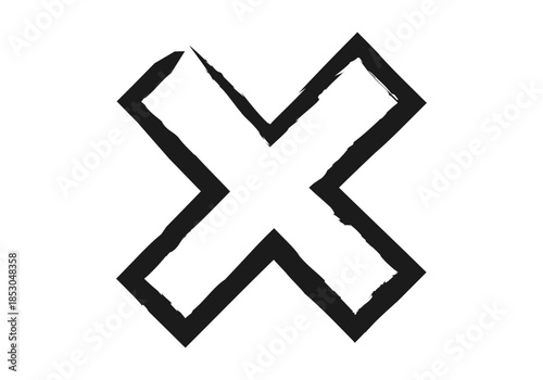 Marca de aspa o equis dibujada a mano con trazos de pincel negro sobre fondo blanco