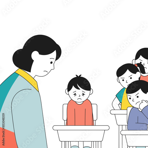 Teacher interacting with sad students in classroom setting depicting Bullying & Social Exclusion  