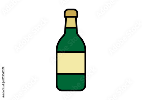 Botella de vidrio verde con etiqueta beige y tapón dorado sobre fondo blanco