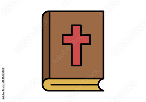 Libro sagrado de la biblia con tapa marrón y una cruz roja en la portada sobre fondo blanco
