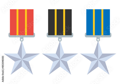 Conjunto de medallas militares de plata con forma de estrella y cintas de colores rojo negro y azul