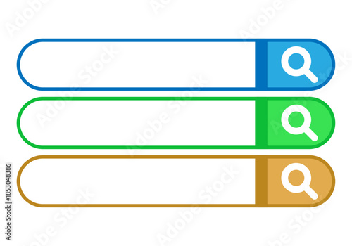 Conjunto de tres barras de búsqueda con iconos de lupa en colores azul verde y naranja sobre fondo blanco