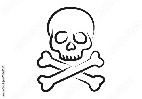 Calavera con tibias cruzadas dibujada a mano con trazos de pincel negro sobre fondo blanco