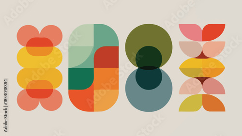 Vibrant colorful abstract geometric pattern with overlapping shapes in orange, green, yellow and pink hues on beige background for design