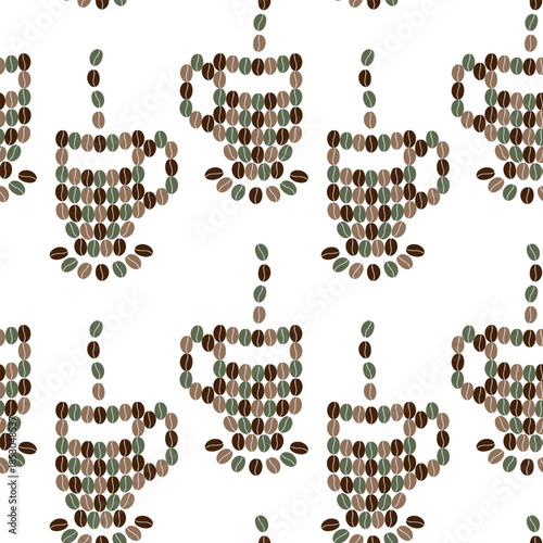 Multicolor coffee cup with steam and saucer made of various coffee Beans Seamless Pattern Coffee Day. Isolated Vector illustration Coffee Day Greetings Thematic Cards Social media Post Print Materials