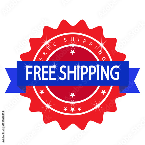 Free shipping badge with blue ribbon and red seal on white background