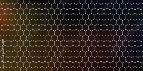 Dark grey abstract wide horizontal banner with hexagon carbon fiber grid and orange luminous lines. Technology vector background with orange neon lines