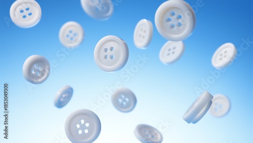 white plastic buttons floating in air against blue gradient background